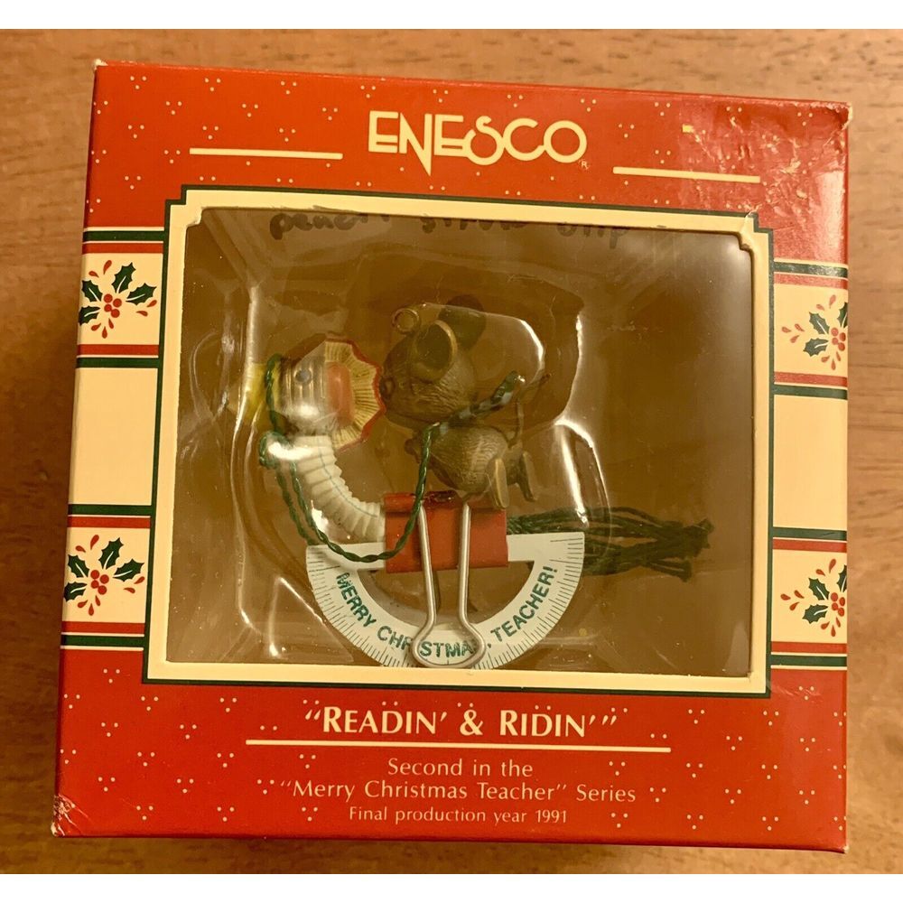 Vintage ENESCO MOUSE READIN & RIDIN‎ MERRY CHRISTMAS TEACHER ORNAMENT 1989
